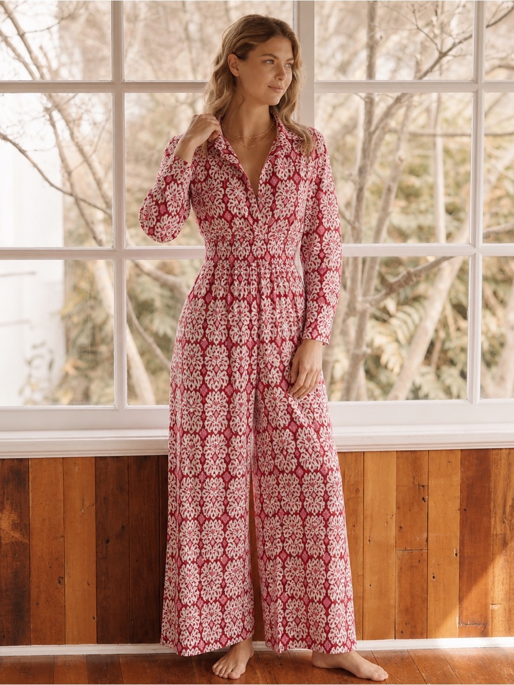 Anthropologie Loveland Floral Wide Leg Jumpsuit Red Pink Size 6